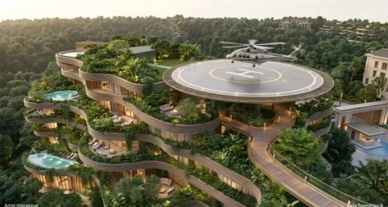 Terraced green township with a rooftop helipad