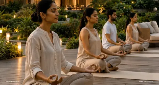 Group yoga session at dusk