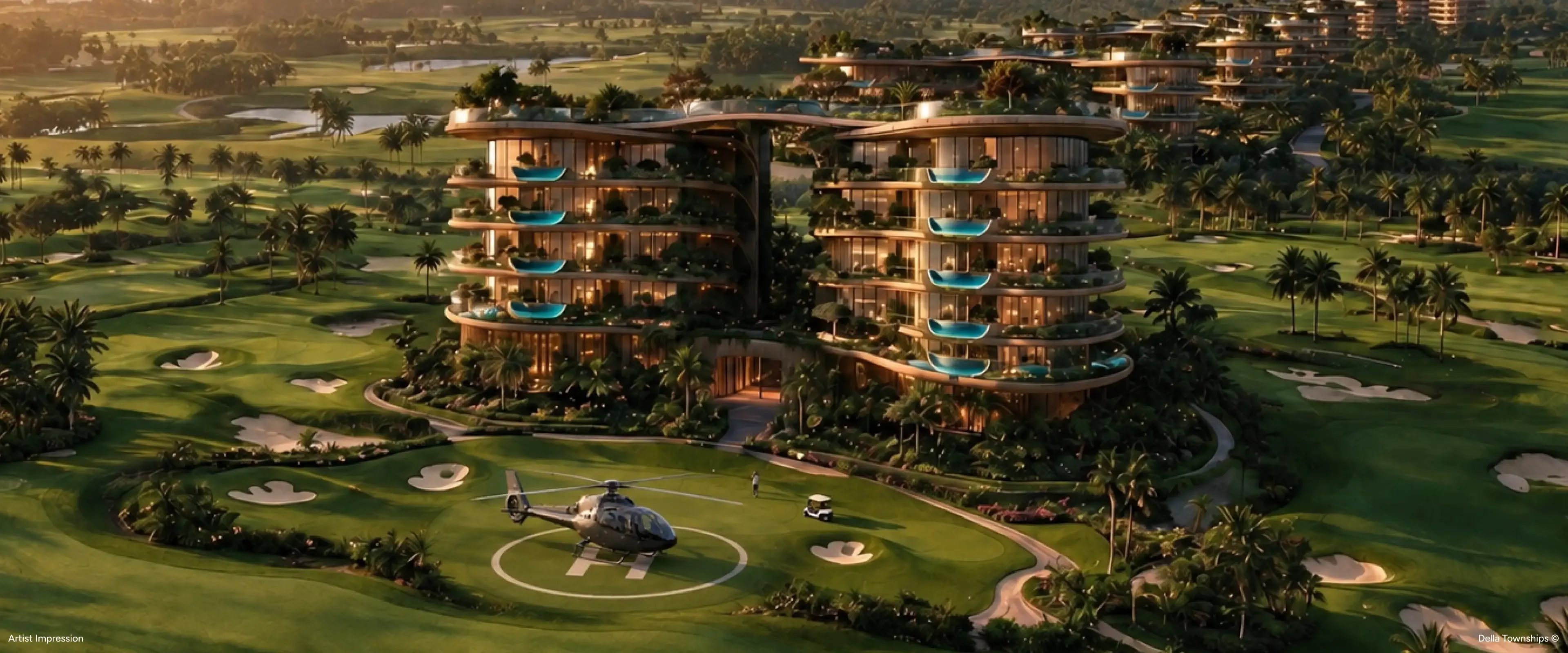 Della Townships Hyderabad luxury residences overlooking a championship golf course with contemporary twin towers.