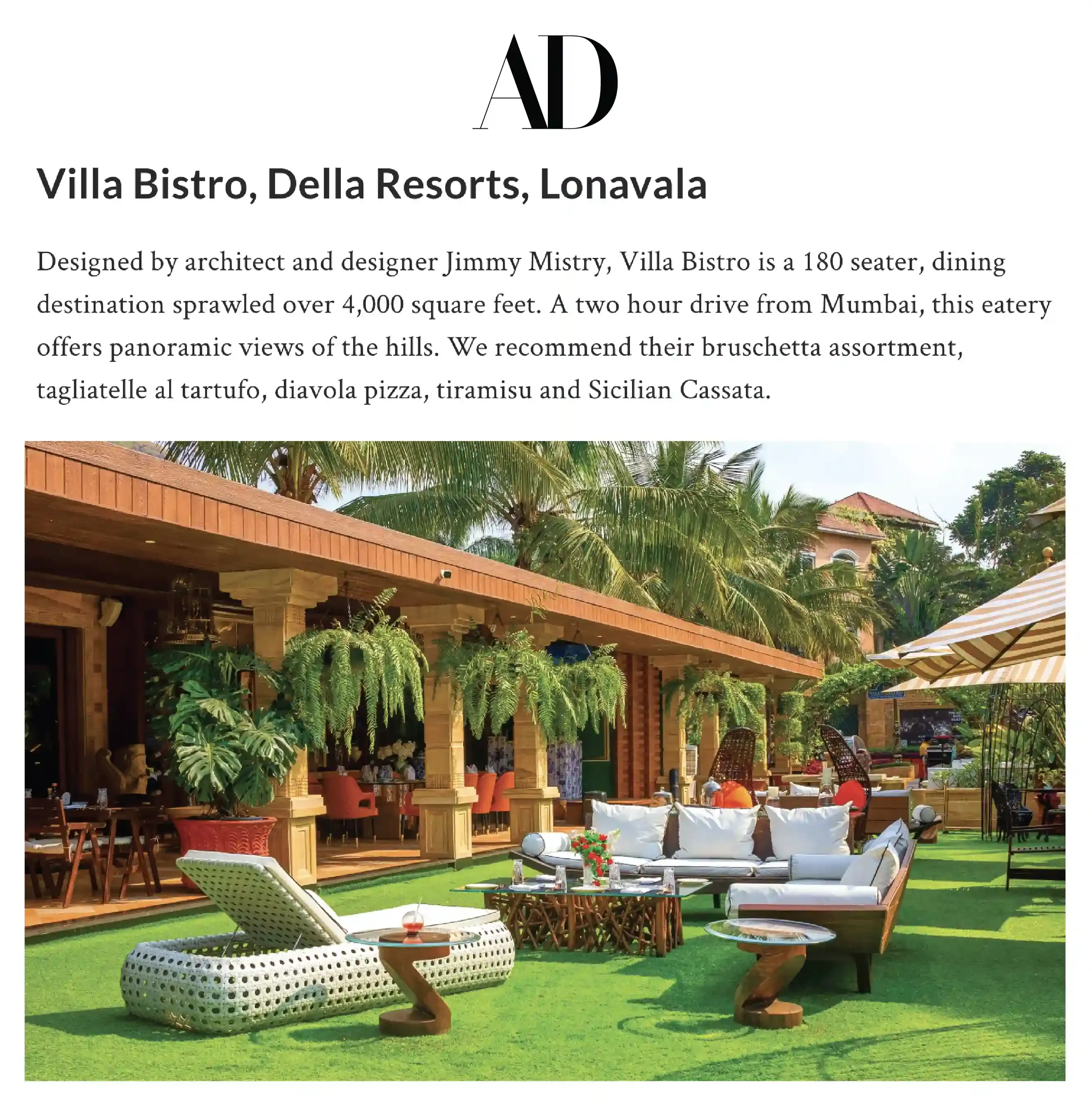 Jimmy Mistry press feature in Architectural Digest covers Villa Bistro at Della Adventure and Resorts designed by Jimmy Mistry, November 2021