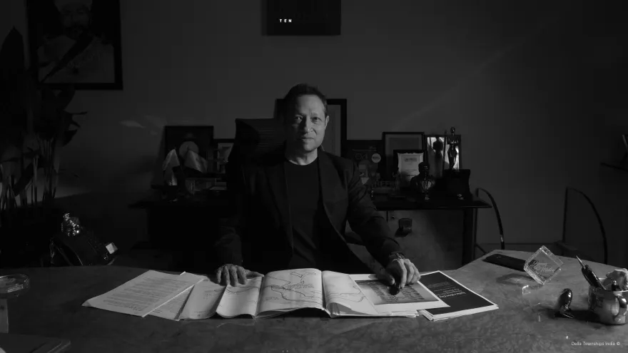 Jimmy Mistry, CMD of Della Townships India, reviewing township masterplans and blueprints at his office desk