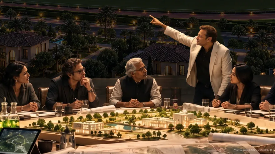 Jimmy Mistry presenting a Della Townships masterplan model to architects and design leaders during a boardroom review