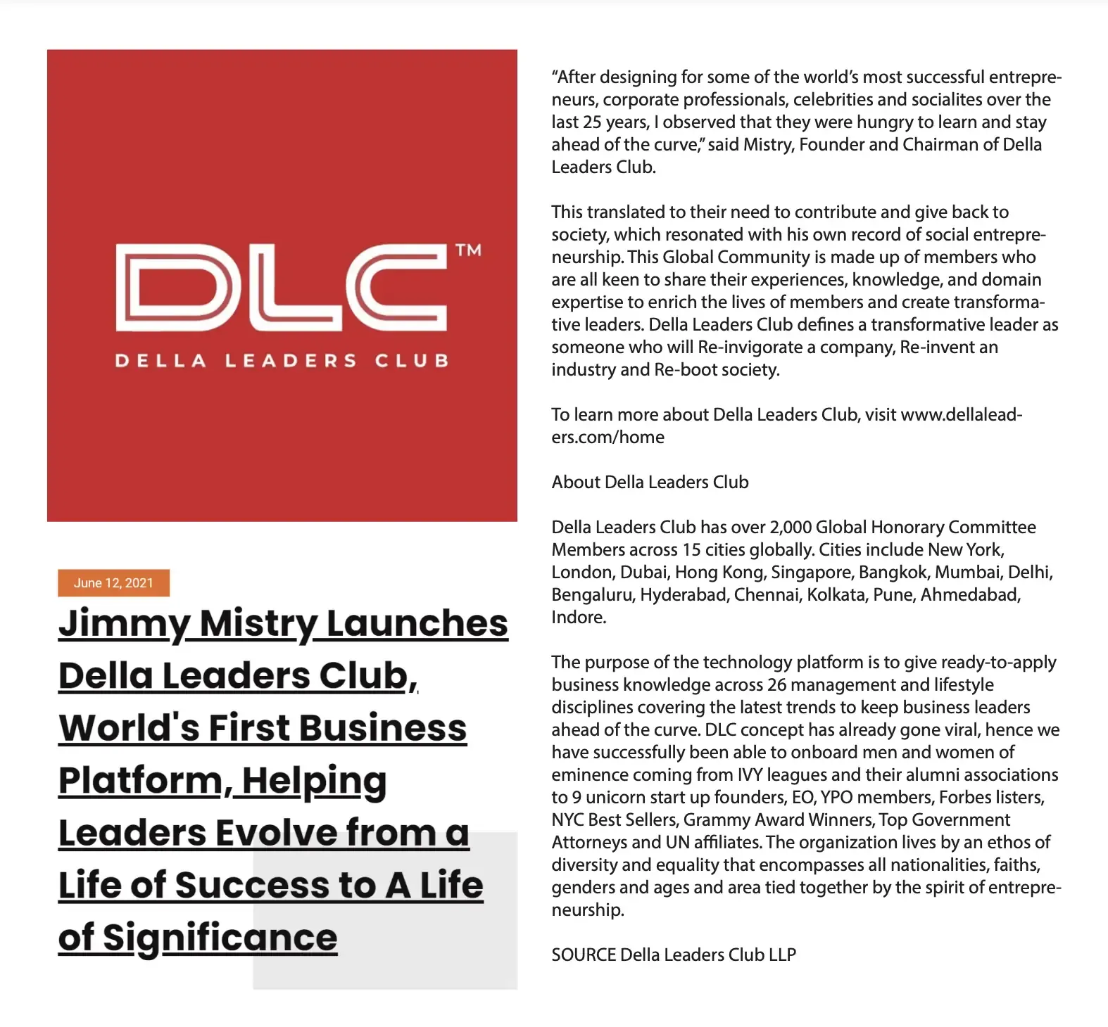 Jimmy Mistry press feature in DWEB NEWS, June 2021