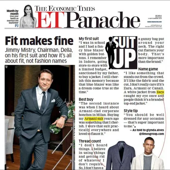 Jimmy Mistry press feature in ET PANACHE, September 2019