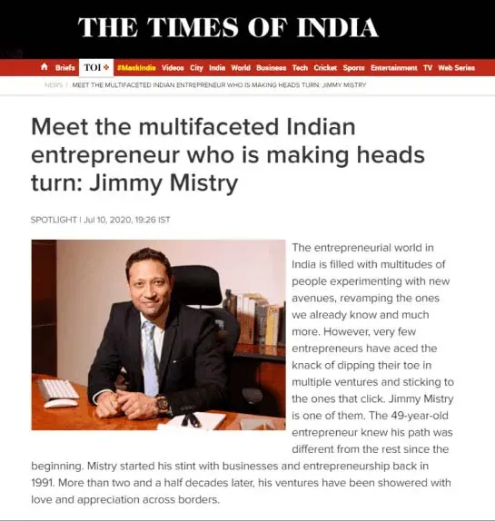 Jimmy Mistry press feature in TIMES OF INDIA, July 2020