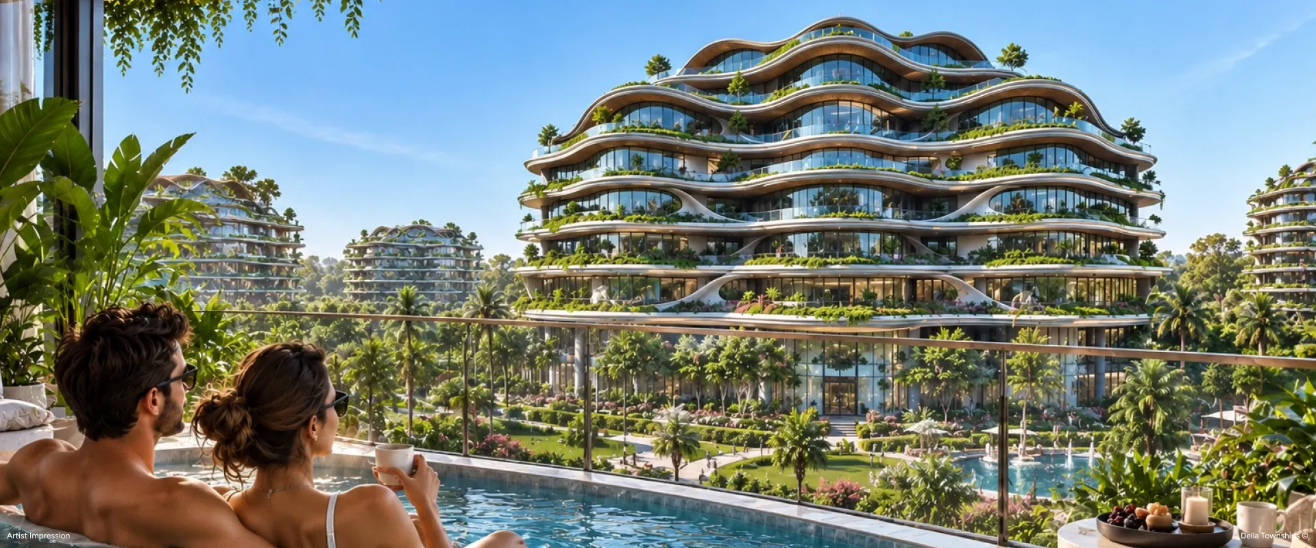 Della Townships Hyderabad European Wellness-inspired luxury residences featuring elegant curved balconies and premium living spaces.